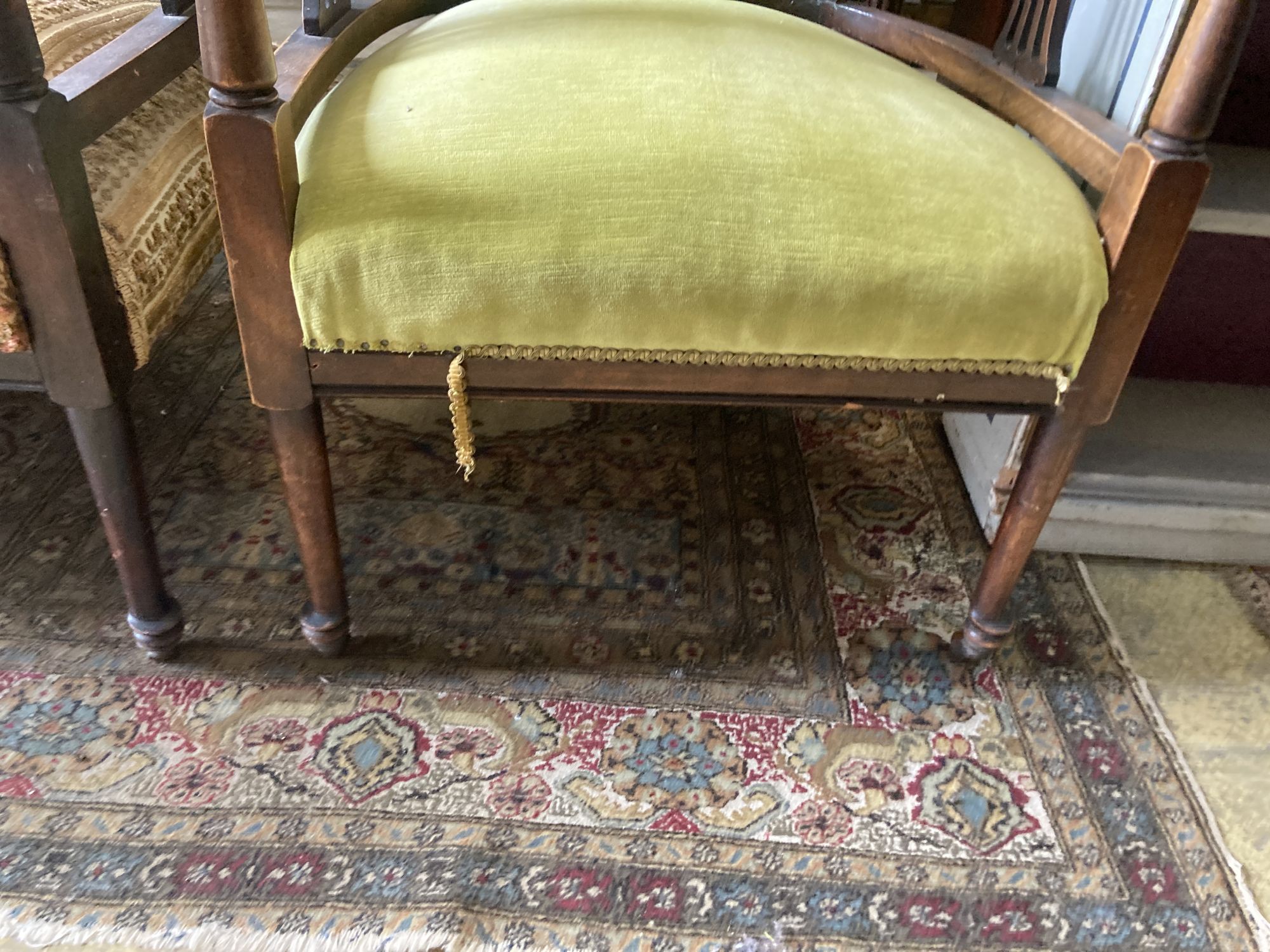 A late Victorian stained beech three piece tub framed salon suite - Image 3 of 7