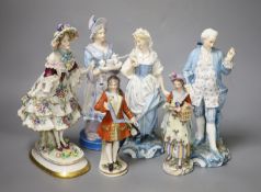 Six Continental porcelain figures, tallest 23cmCONDITION: Tall enamelled female - three of her