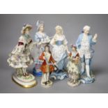 Six Continental porcelain figures, tallest 23cmCONDITION: Tall enamelled female - three of her