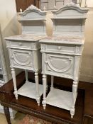 A pair of early 20th century French painted marble top bedside cabinets, width 41cm depth 35cm