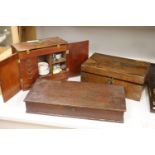 A 19th century mahogany travelling apothecary chest, a walnut writing slope and an oak document box,