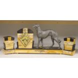 A French Art Deco with 'borzoi' clock garniture, centrepiece length 48.5cm