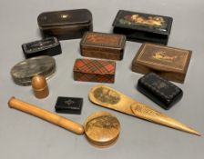 A collection of snuff boxes, mostly 19th century, including horn, tartan, mauchline, black papier