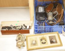 A quantity of mixed collectables including two fans, a pottery dog, camera's etc.