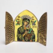 A miniature arched gilt 925 and enamelled folding icon, 54mm, the back bearing the engraving '925
