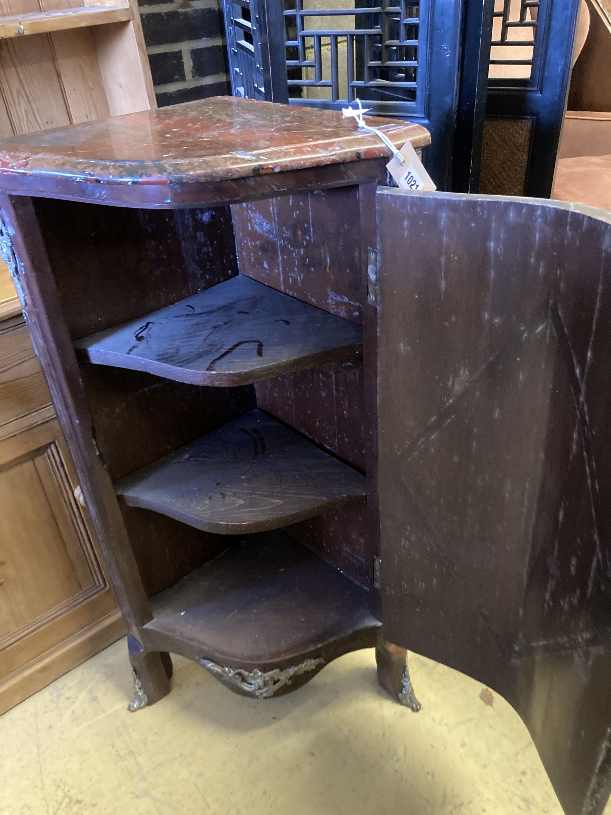 A Louis XVI design marquetry marble top corner cabinet, width 52cm, depth 37cm, height 102cm - Image 3 of 4