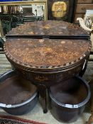 A near pair of 18th century Dutch floral marquetry walnut triple folding tea and card tables, larger