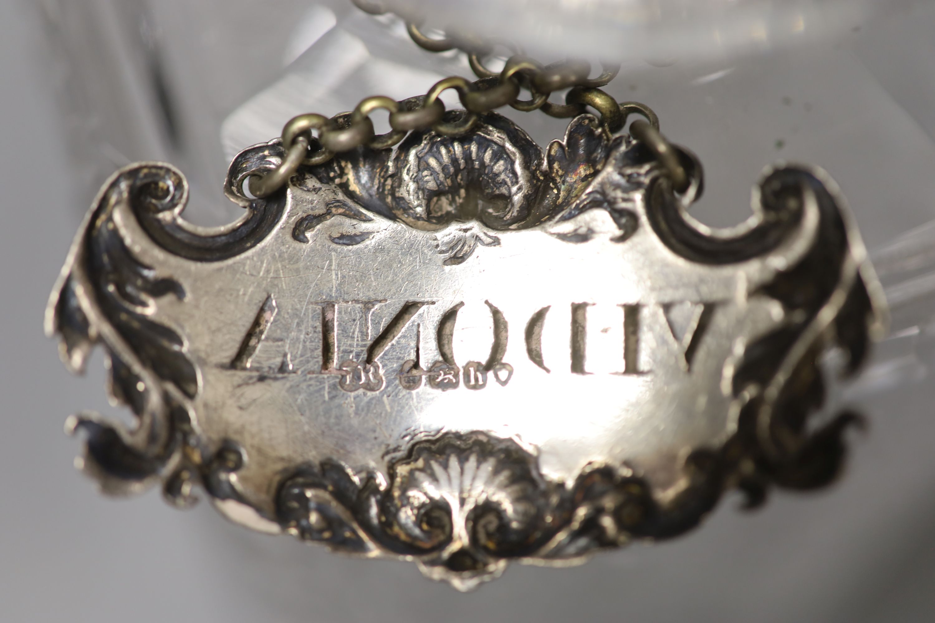 A George IV silver Whiskey label by John Riley 1824 and a cut glass decanter, height 24cm - Image 3 of 5