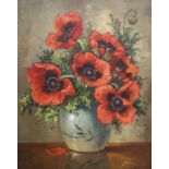 J. Brunina, oil on canvas, Still life of poppies in a vase, 49 x 40cm