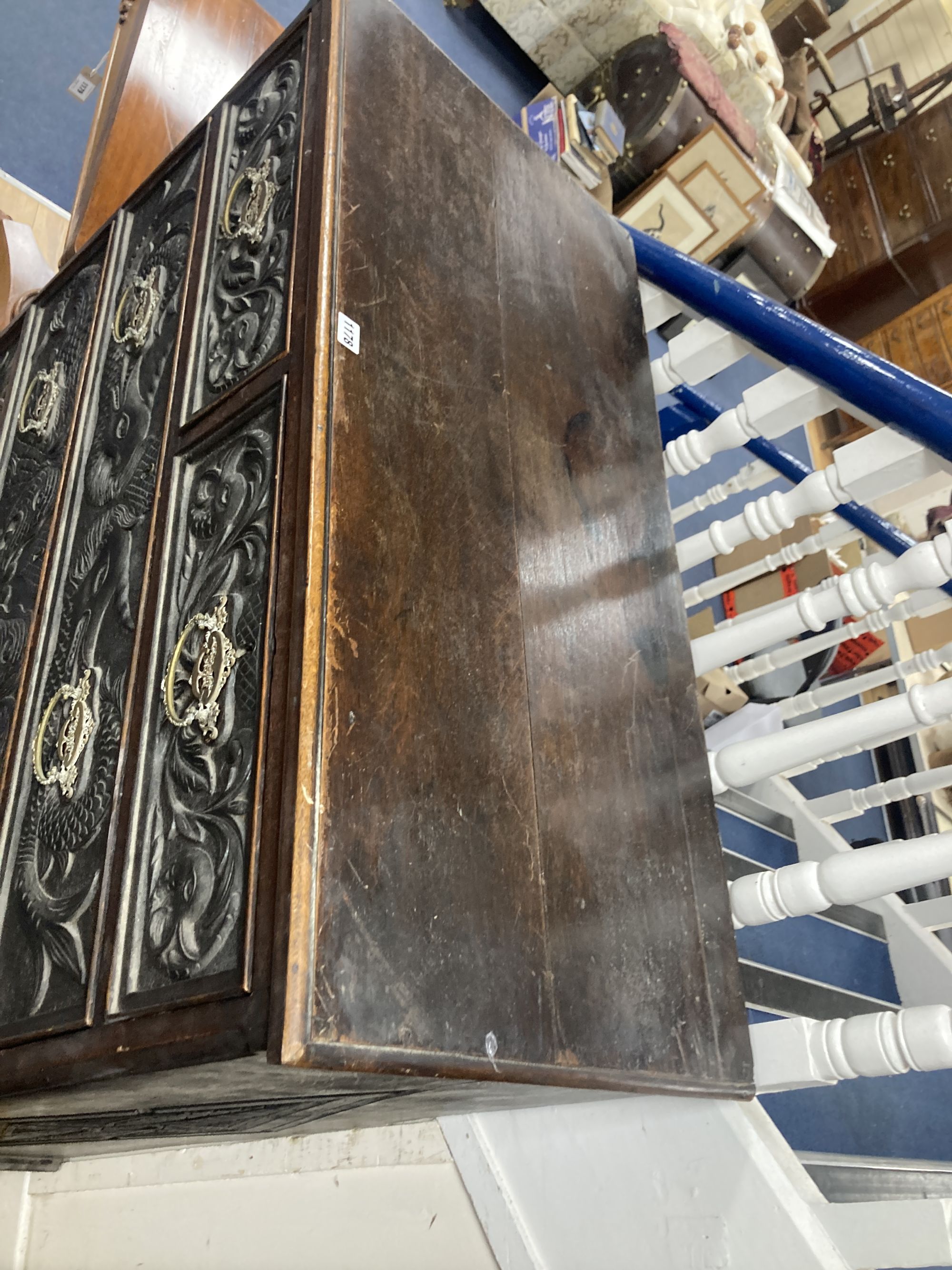 A 19th century oak chest with later carved decoration, width 106cm, depth 50cm, height 135cm - Image 2 of 4