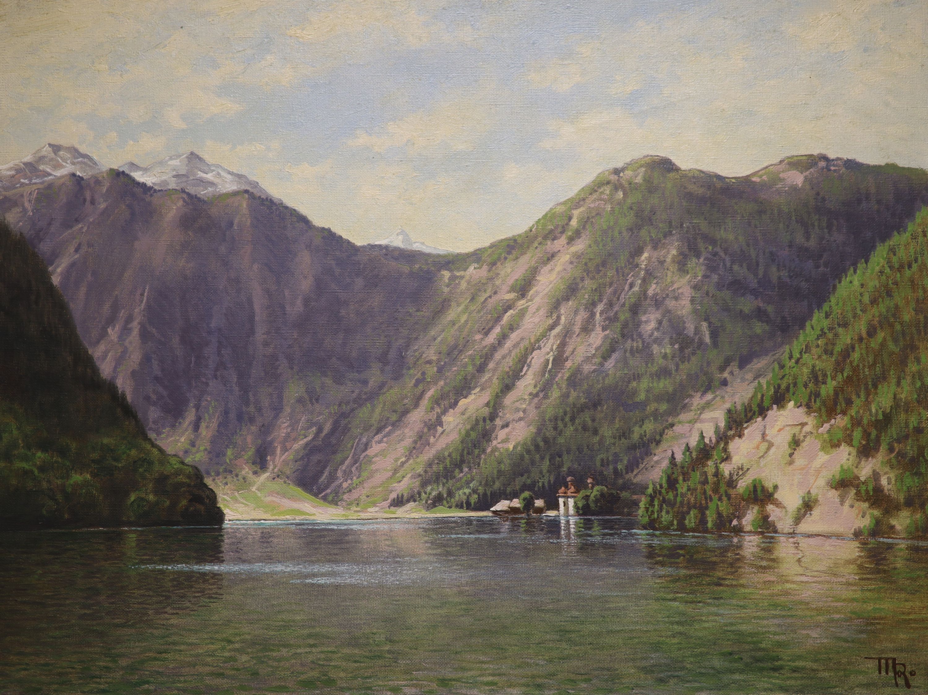 TMR, oil on canvas, Swiss lake scene, monogrammed, 45cm by 60cm