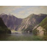 TMR, oil on canvas, Swiss lake scene, monogrammed, 45cm by 60cm