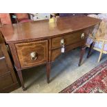 An Edwardian George III style mahogany and satinwood banded bow front sideboard, length 168cm, depth