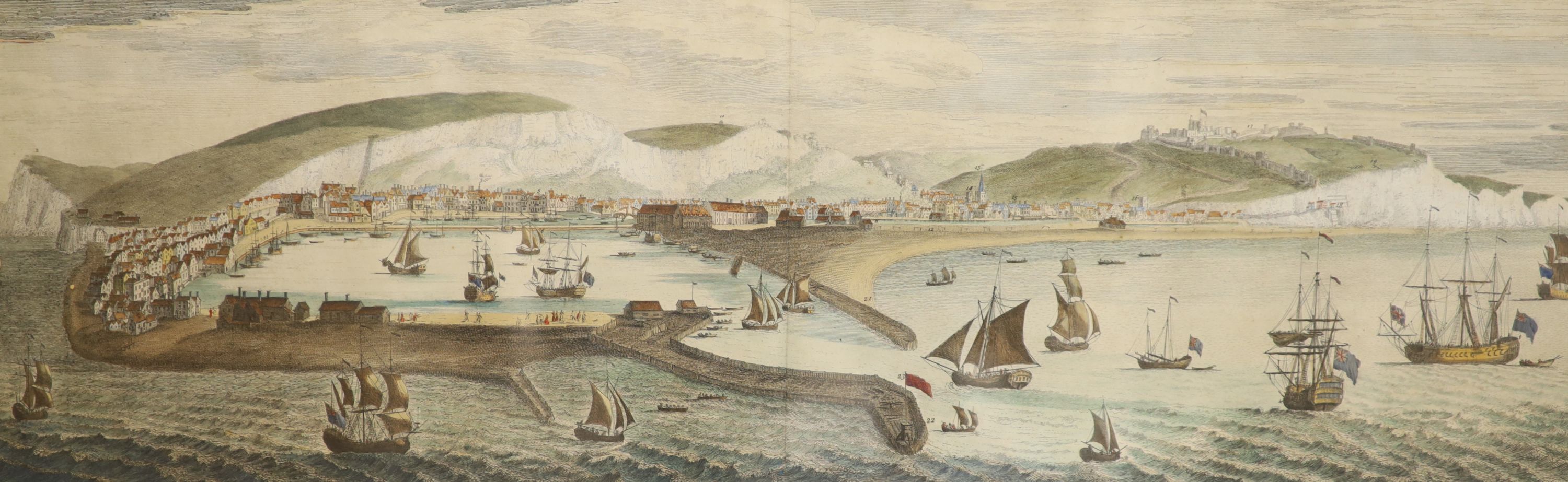 S and N Buck, coloured engraving, The South Prospect of Dover in the County of Kent, 35 x 83cm