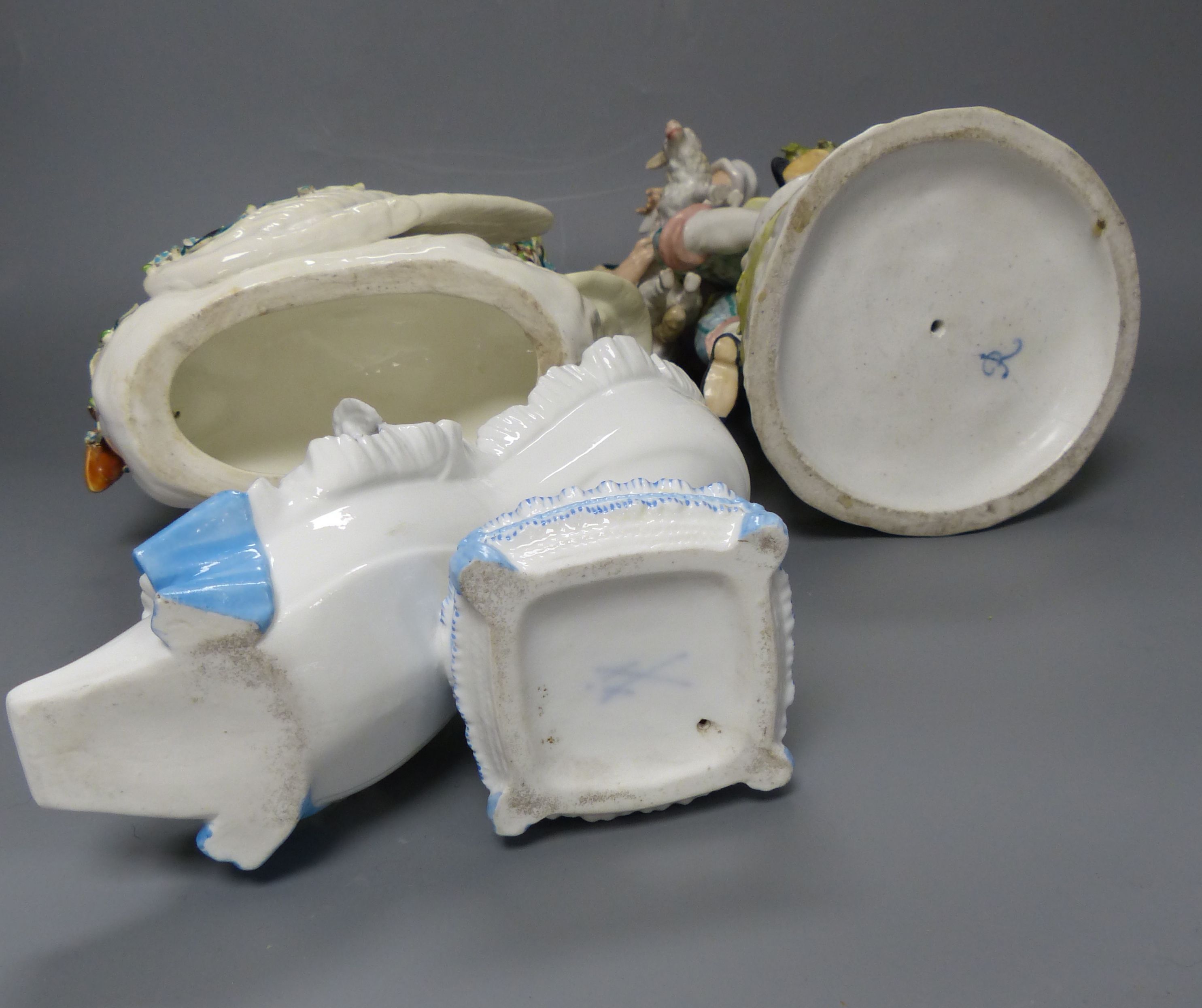 A French porcelain cherub 'shoe', a Continental porcelain cherub and swan dish and group of a - Image 3 of 4