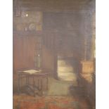 Victorian School, oil on canvas, Interior with gateleg table and lit candle, indistinctly signed,