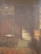 Victorian School, oil on canvas, Interior with gateleg table and lit candle, indistinctly signed,