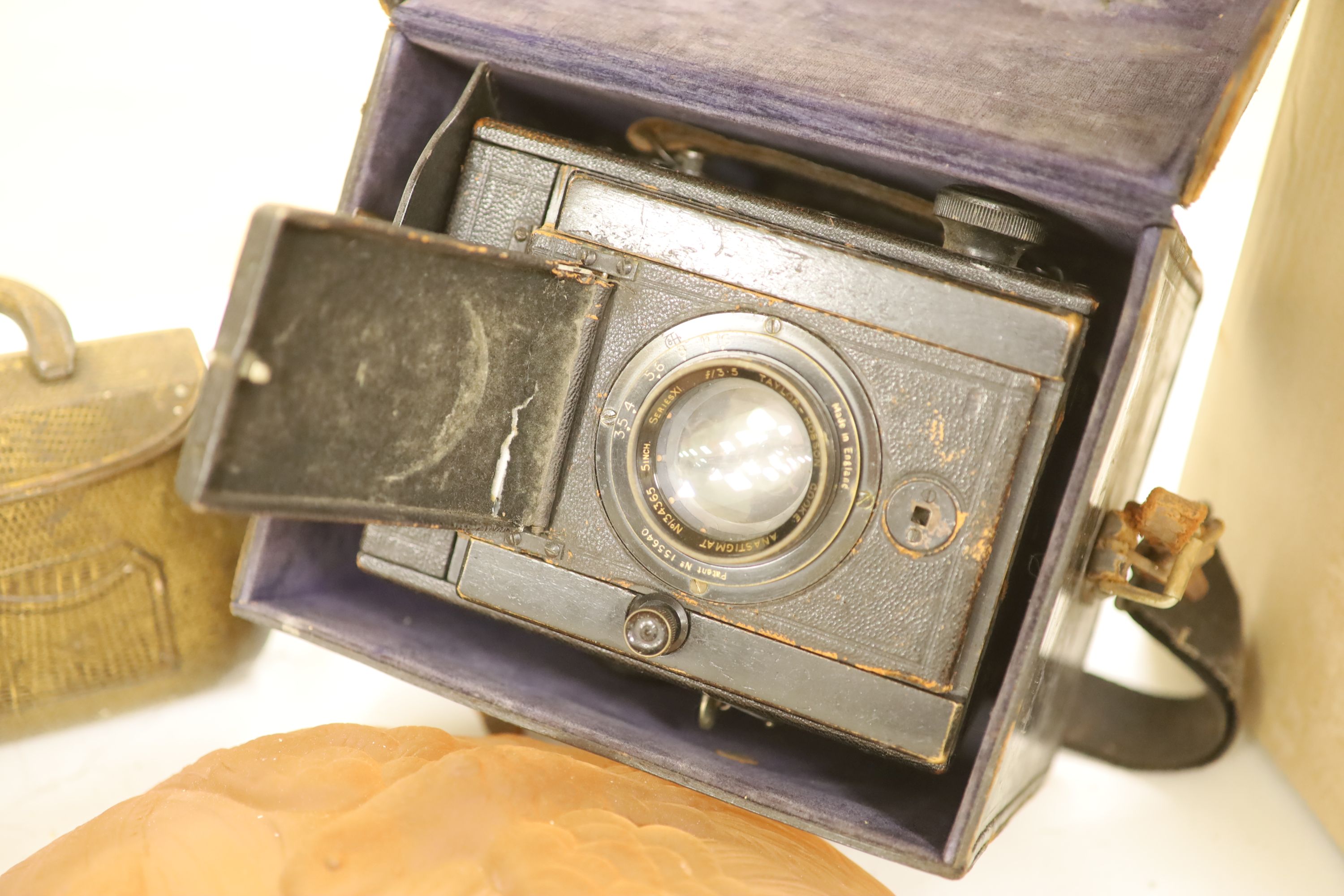 A Taylor & Hobson lens camera, a plaffonier and a tin 'handbag' box - Image 4 of 5