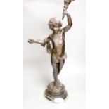 A spelter 'cherub' lamp with flame shade, height 89cm