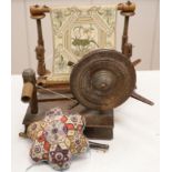 A Victorian bead and patchwork star-shaped pin cushion by 'M E Ashmore 1884' and two other items,