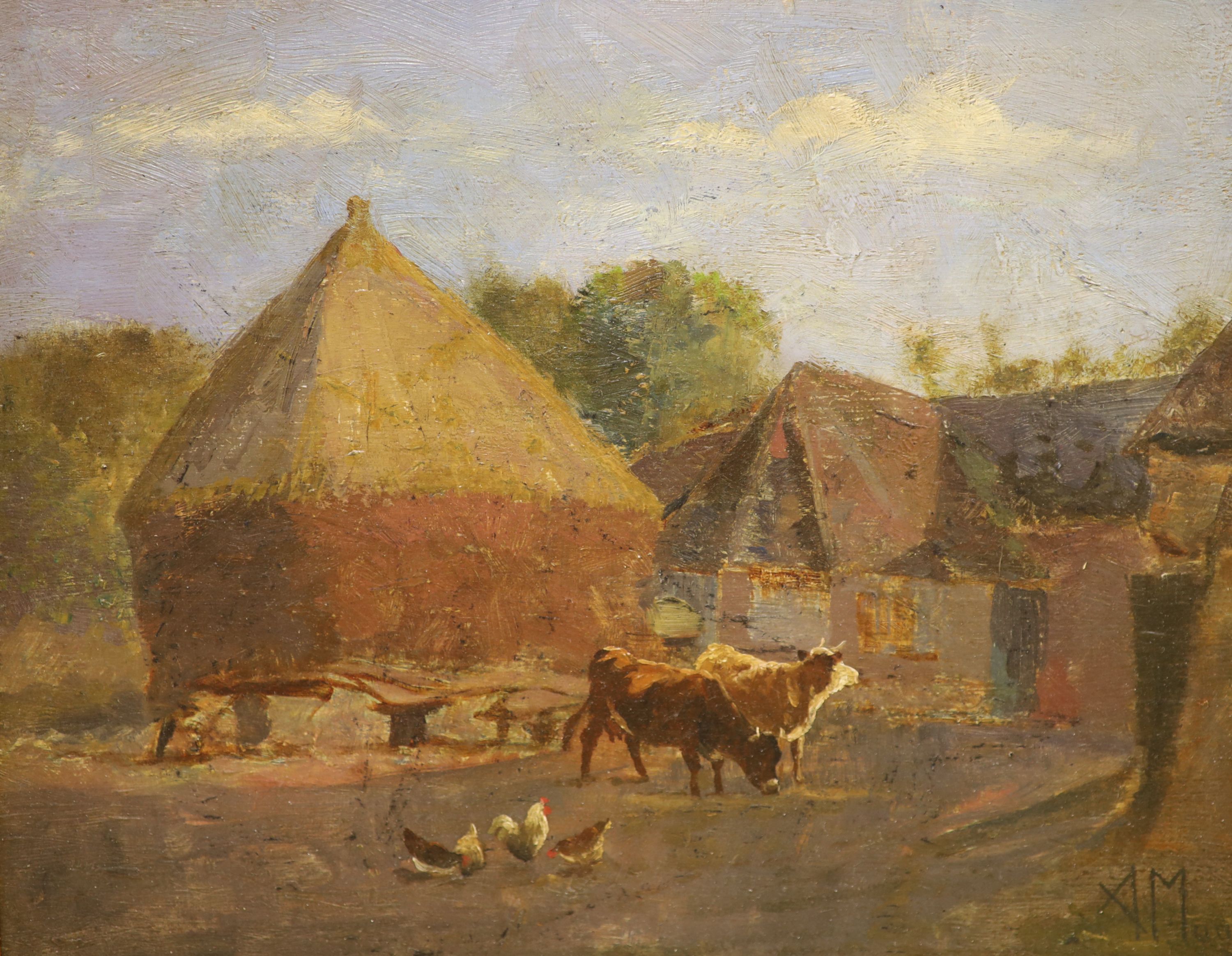 Attributed to Anton Mauve, oil on board, Farmyard with cattle and chickens, signed, 23 x