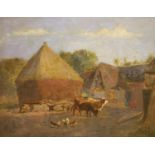 Attributed to Anton Mauve, oil on board, Farmyard with cattle and chickens, signed, 23 x