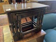 A nest of three 17th century style rectangular oak tea tables, width 61cm, depth 34cm, height 48cm