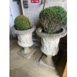 A pair of reconstituted stone campana shaped garden urns, diameter 60cm, height 90cm