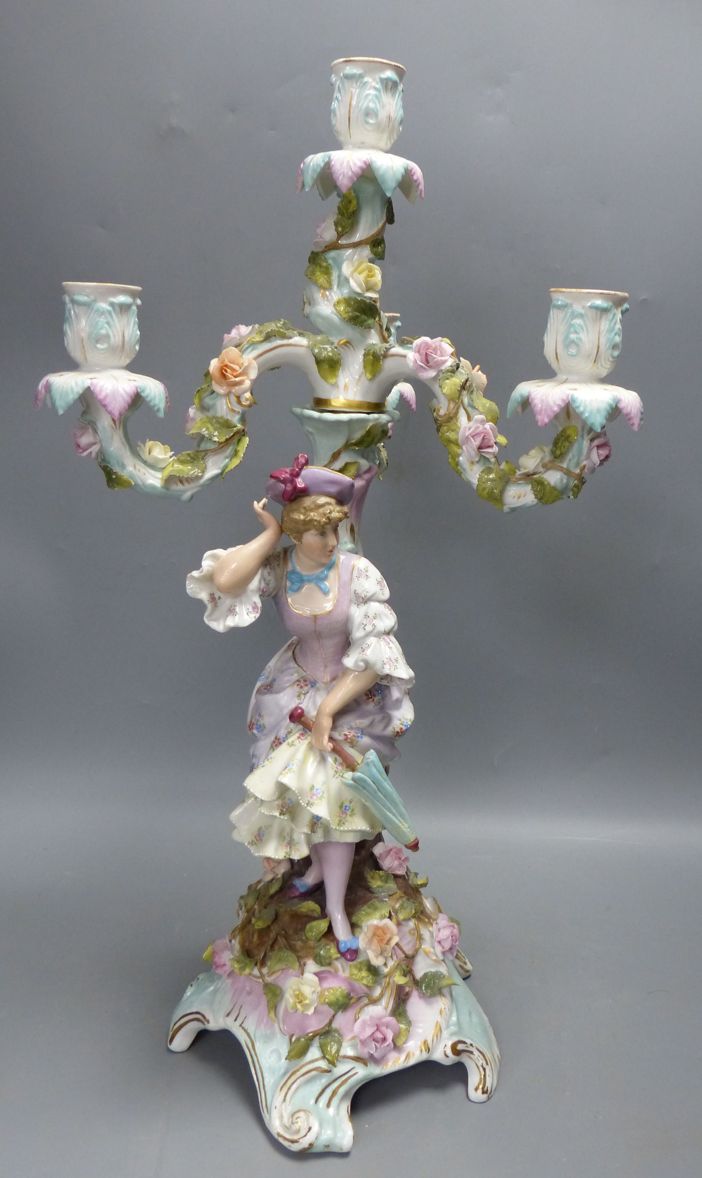 A pair of early 20th century Plaue porcelain figural candelabra, overall height 48cmCONDITION: - Image 7 of 17