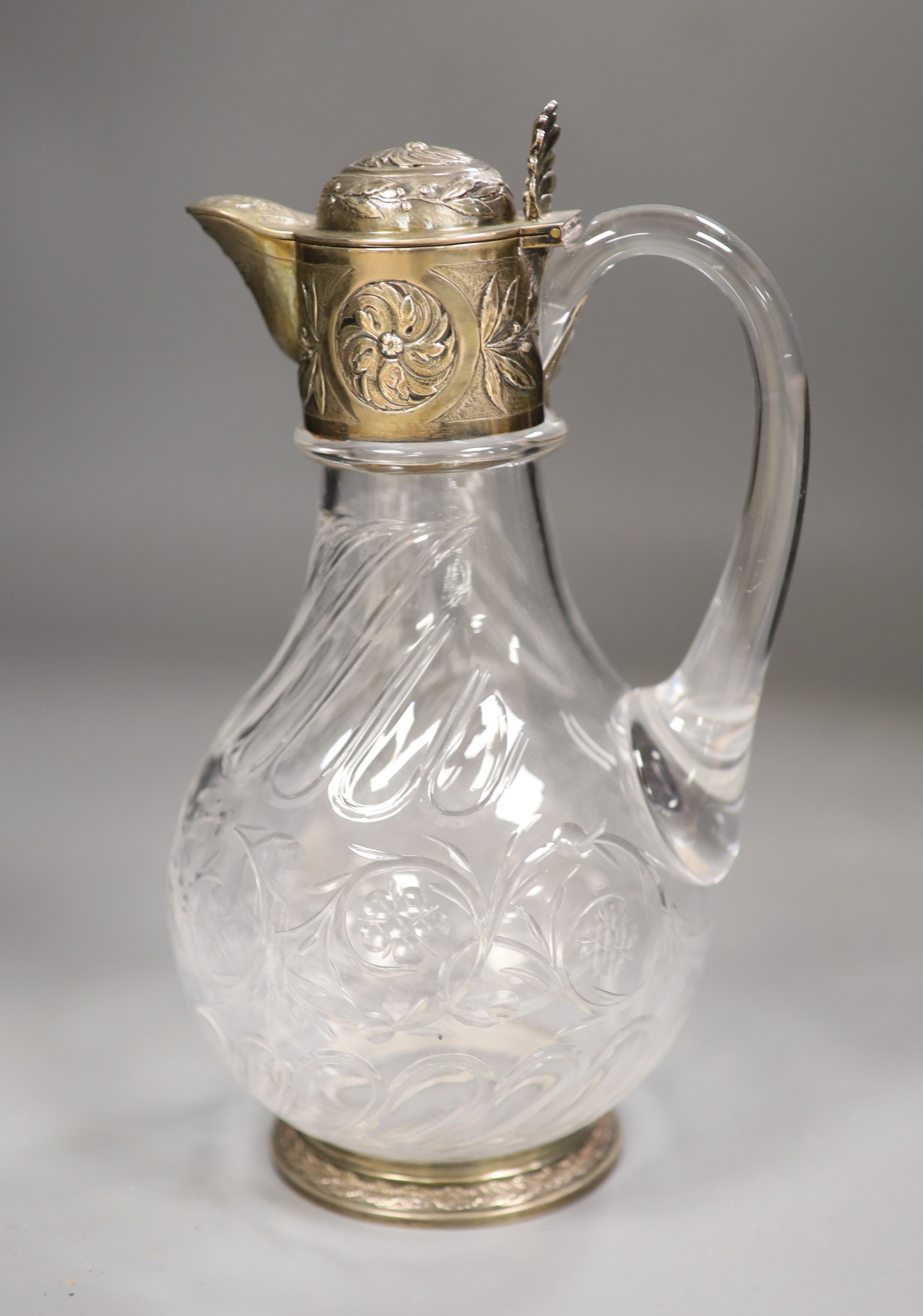 An early 20th century French white metal mounted glass claret jug, maker AL, height 23cm. - Image 2 of 3
