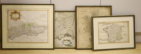 Robert Mordan, two coloured engravings, Maps of Sussex and Midlesex, together with two later