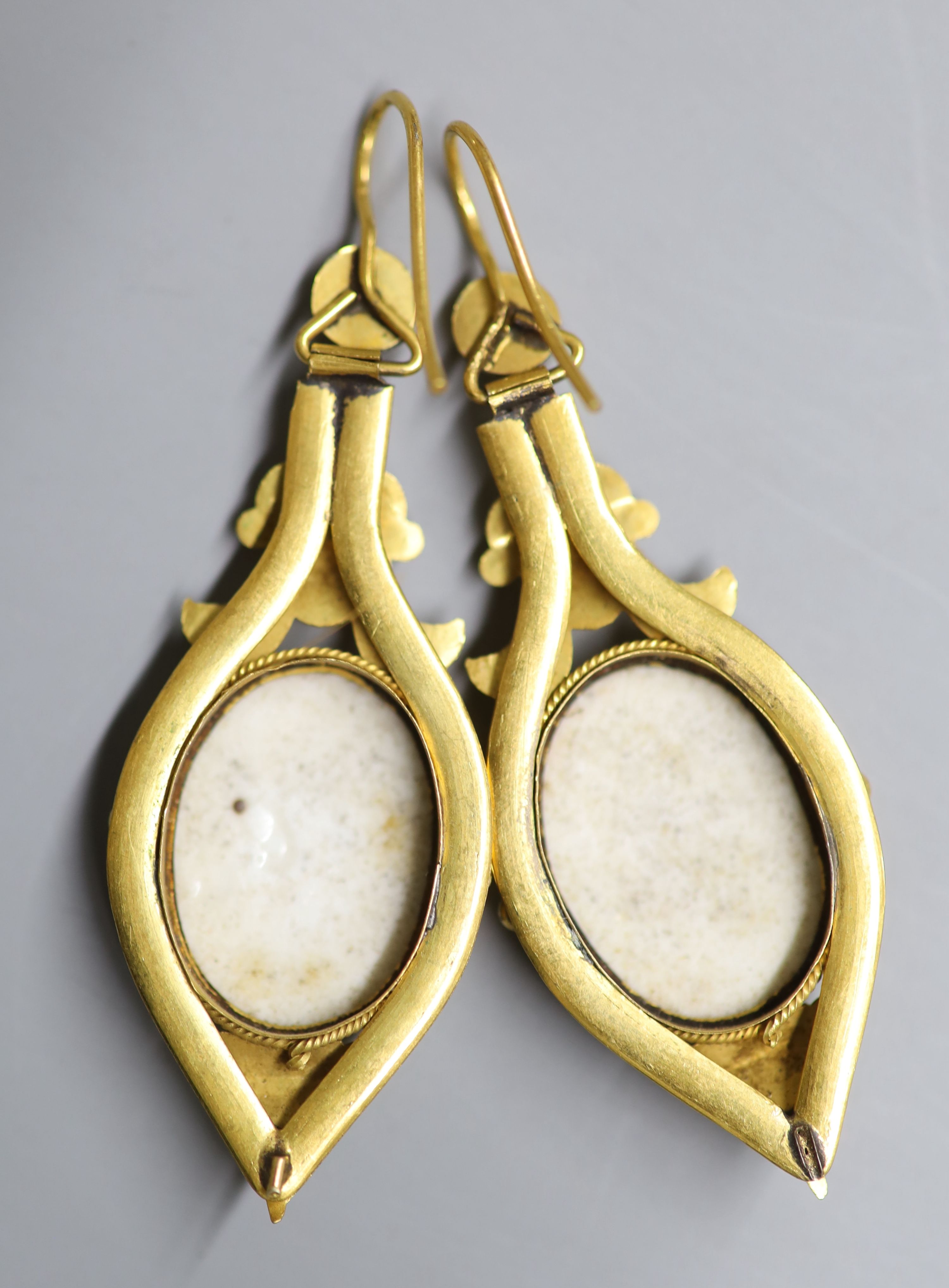 A pair of Victorian style? yellow metal and inset porcelain plaque drop earrings, 52mm, gross 8.4 - Image 2 of 2