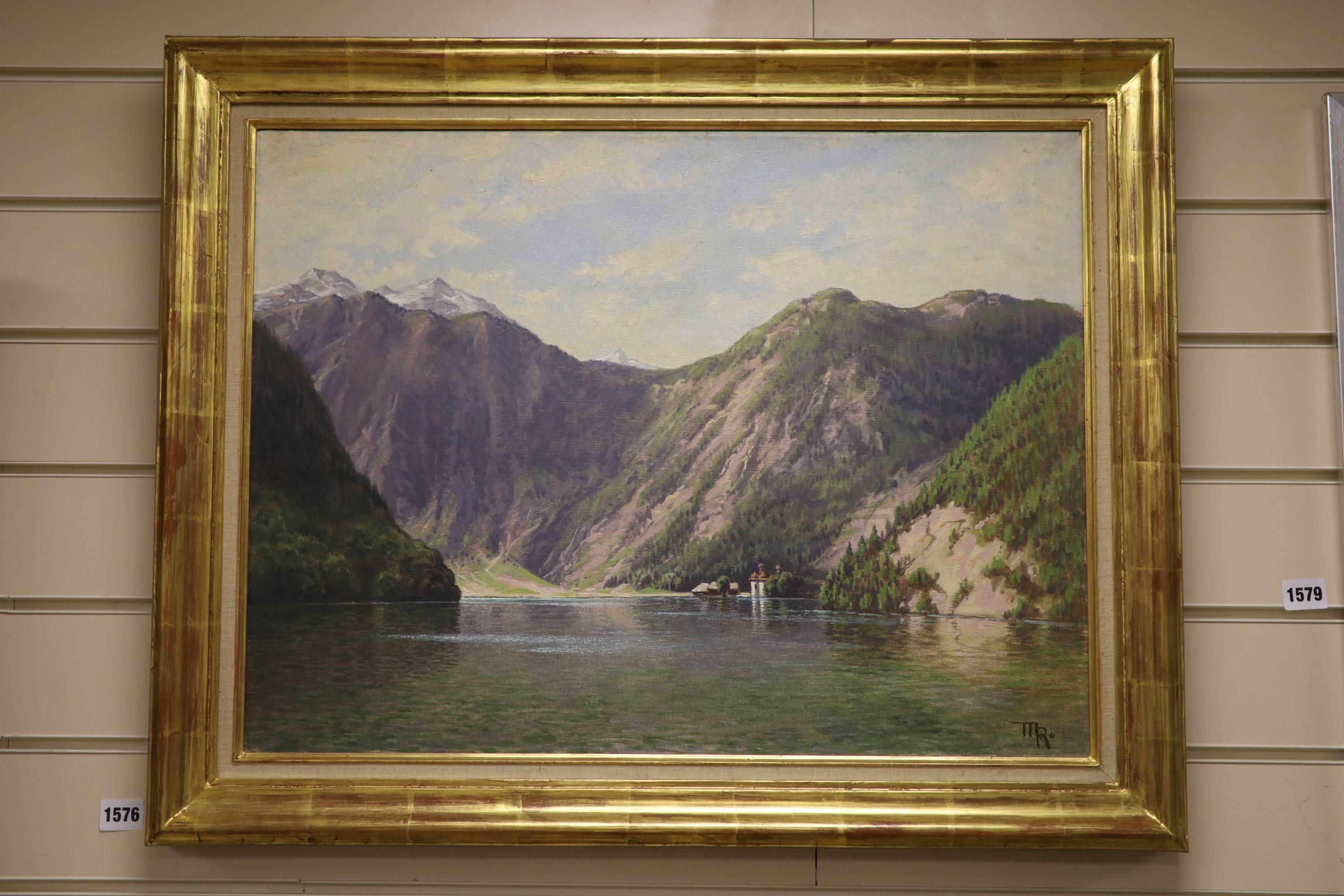TMR, oil on canvas, Swiss lake scene, monogrammed, 45cm by 60cm - Image 2 of 3