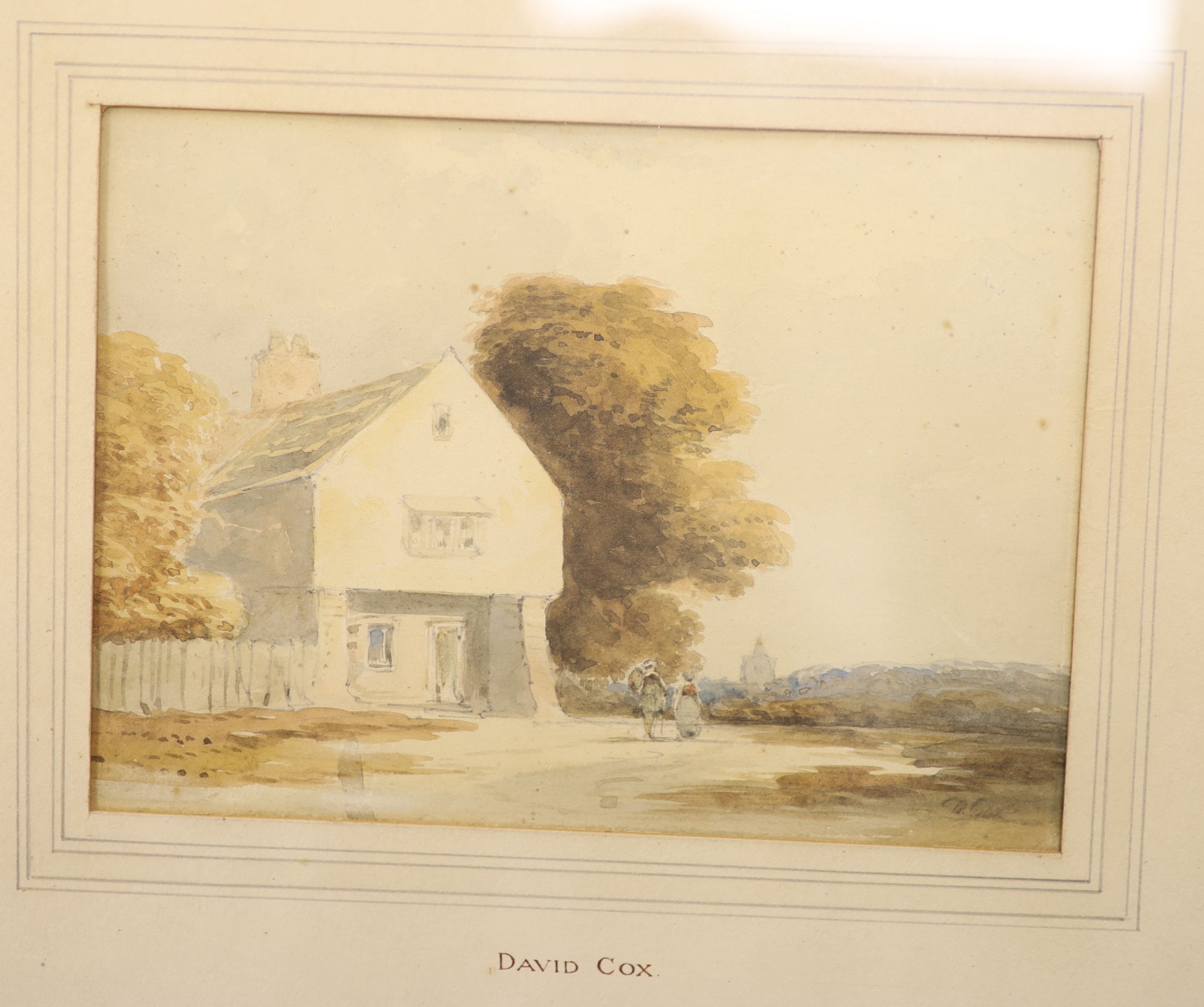 Attributed to David Cox, watercolour, Figures passing a house, 13 x 18cm, with two small oval - Image 3 of 11