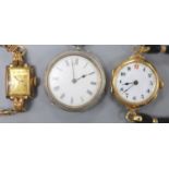 An early 20th century 9ct gold manual wind wrist watch, gross 23.9 grams, one other watch and a