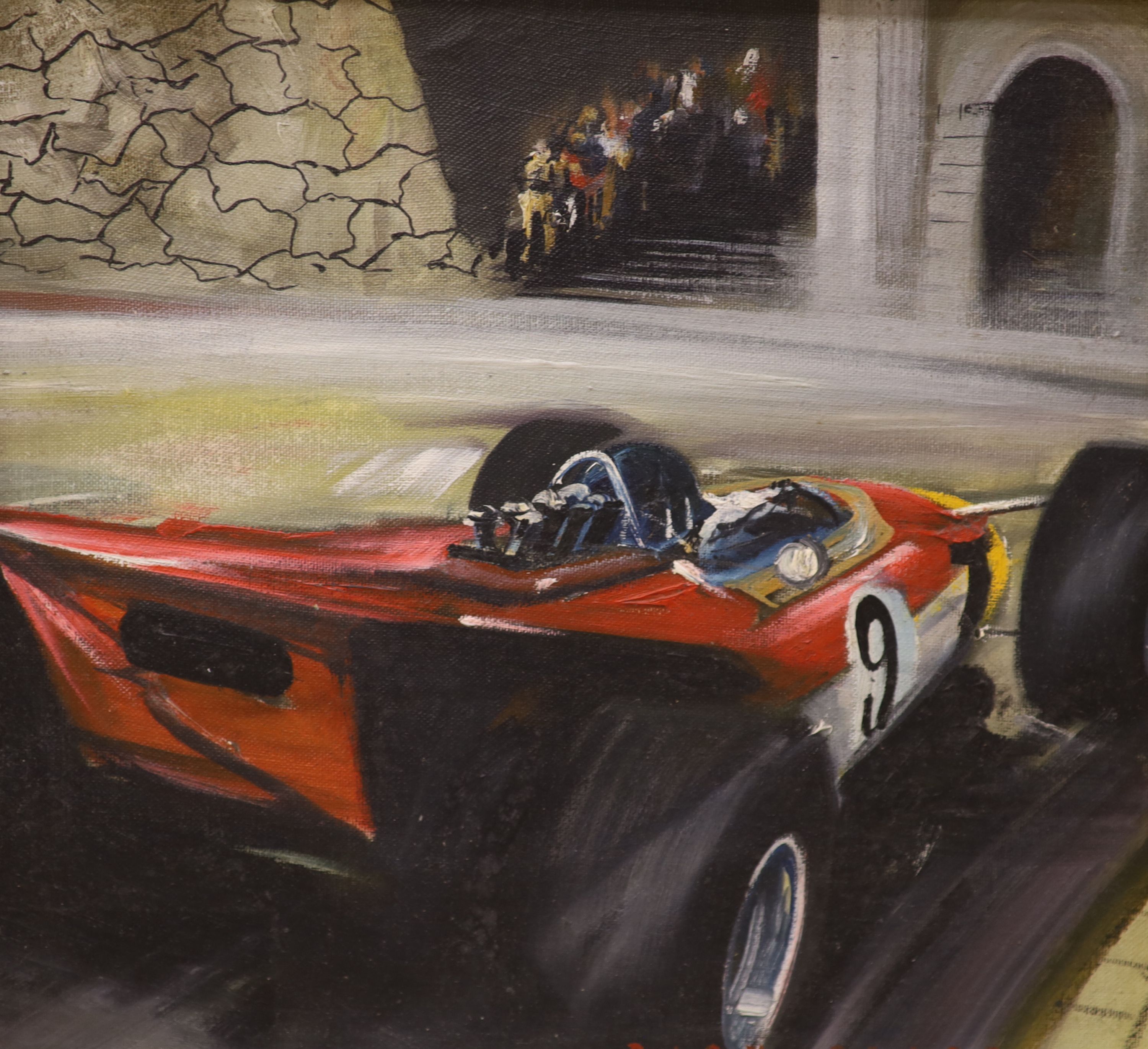 Dion Pears (1829-1985), oil on canvas laid on board, Motor racing scene, signed, 34 x 38cm