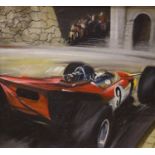 Dion Pears (1829-1985), oil on canvas laid on board, Motor racing scene, signed, 34 x 38cm