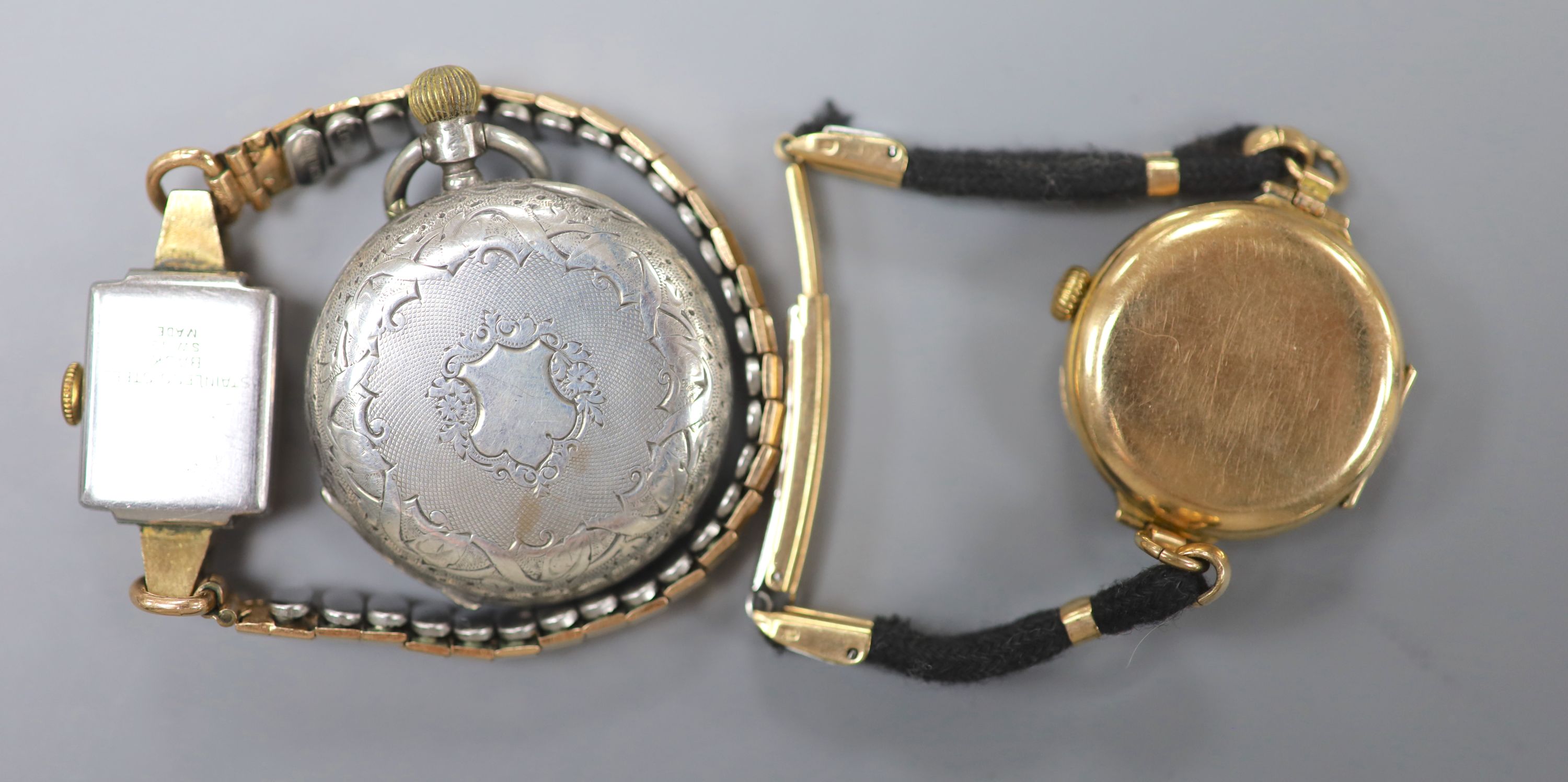 An early 20th century 9ct gold manual wind wrist watch, gross 23.9 grams, one other watch and a - Image 3 of 3