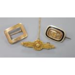 A Victorian 15ct bar brooch, 35mm, gross 2.3 grams, a 19th century yellow metal, enamel and