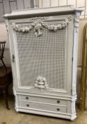 An early 20th century French painted and caned armoire, width 128cm depth 60cm height 192cm