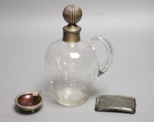 A late Victorian silver mounted glass decanter and stopper, London, 1893, 21.5cm, a silver card case