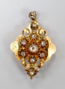 A late 19th/early 20th century Austro-Hungarian yellow metal and rose cut diamond set drop pendant