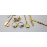 Mixed jewellery including a yellow metal and plaited hair shaped mourning brooch, 25mm, two 9ct