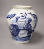 An 18th century Delft 'Havana' tobacco jar, height 26cm (not including cover) (a.f.)