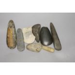 A group of stone adze hand tools, three 19th century Papua New Guinea, each labelled New Guinea,