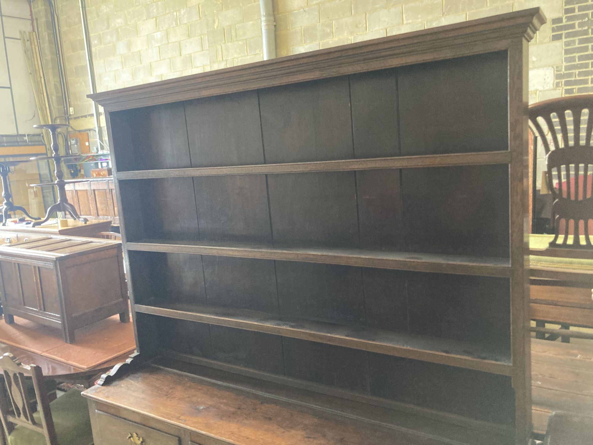 A mid 18th century oak dresser, length 154cm, depth 39cm, height 190cm - Image 2 of 5