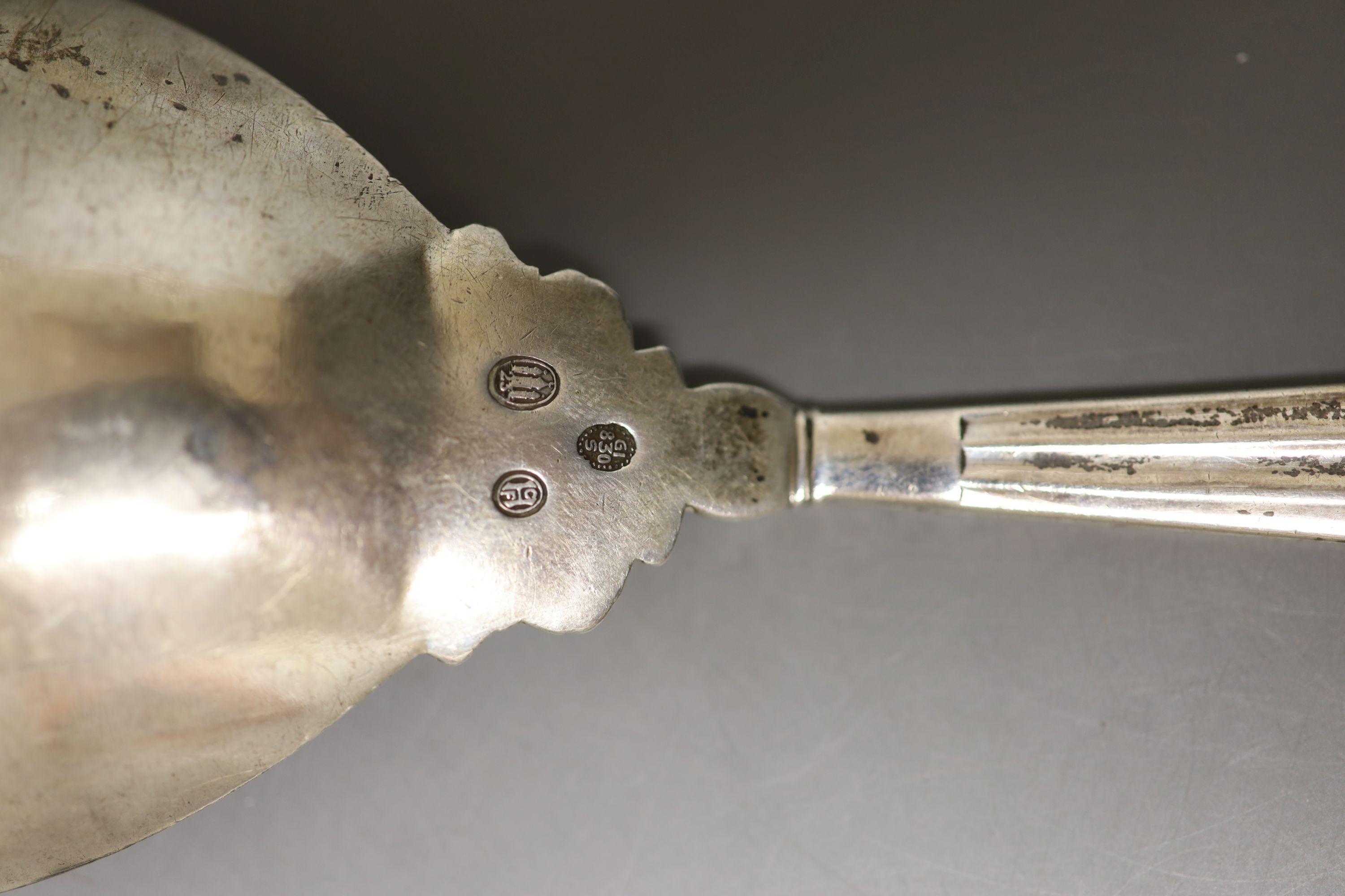 A 1920's Georg Jensen sterling Acorn pattern serving spoon, 23cm and one other Jensen spoon with - Image 3 of 3