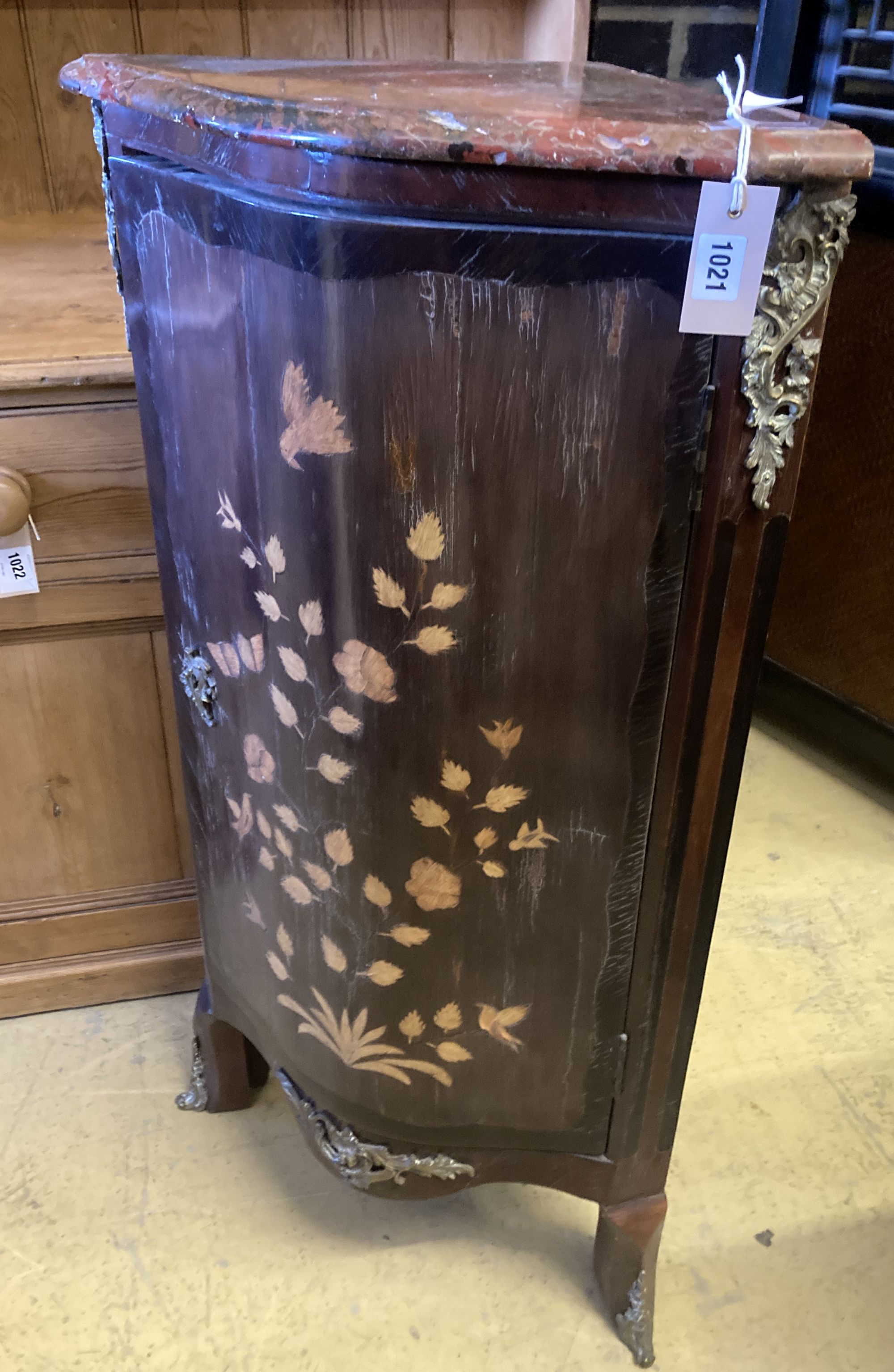 A Louis XVI design marquetry marble top corner cabinet, width 52cm, depth 37cm, height 102cm