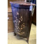 A Louis XVI design marquetry marble top corner cabinet, width 52cm, depth 37cm, height 102cm