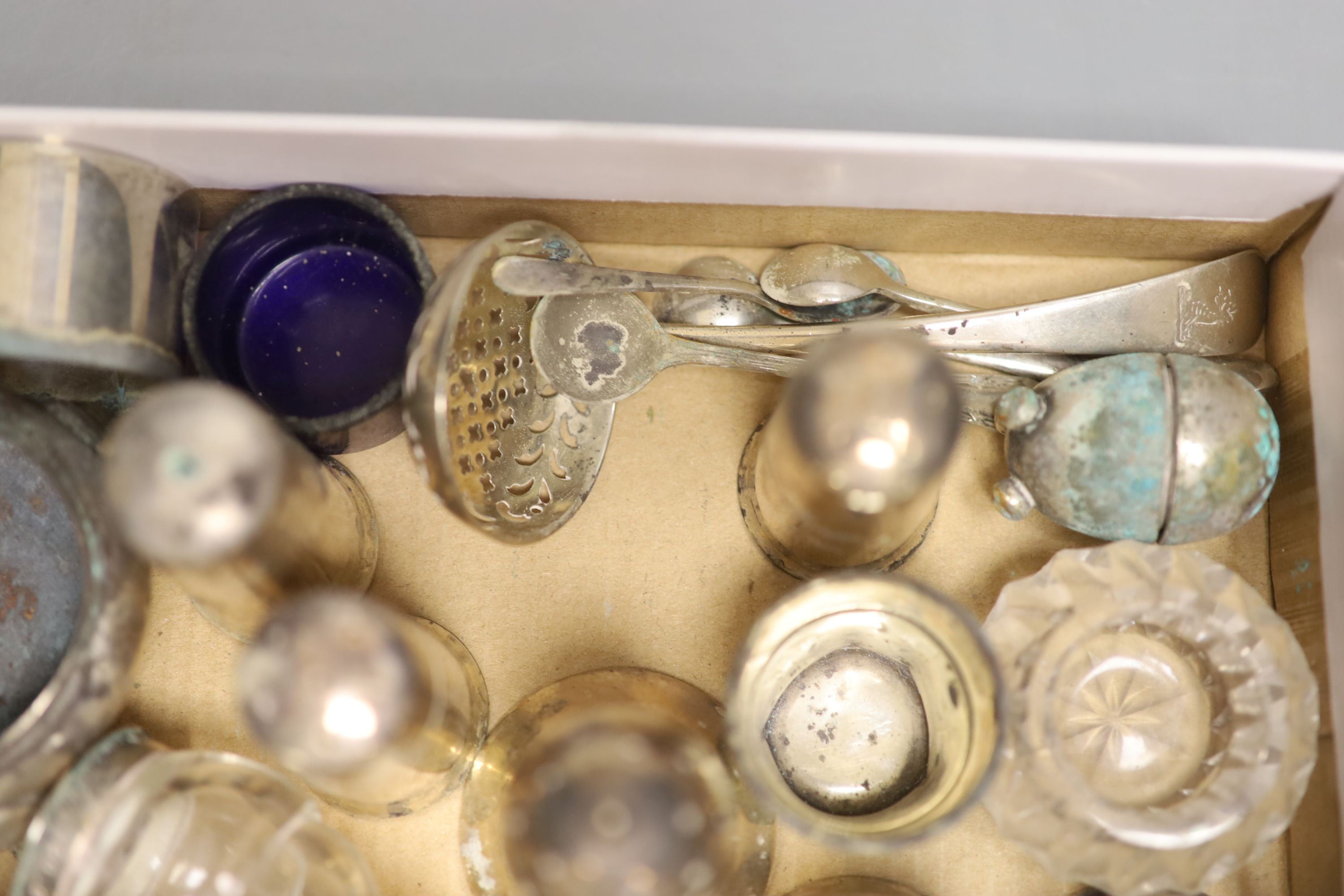 Eight assorted silver condiments including pair of Victorian mounted glass and a Georgian bun - Image 7 of 7